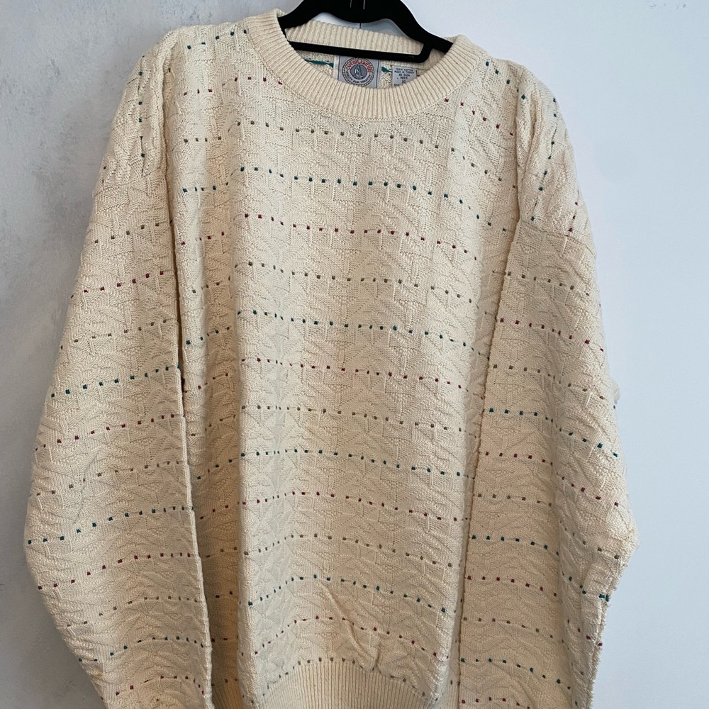Vintage Cape Isle Mens Cream Cable Sweater With Colored Dots (XL)